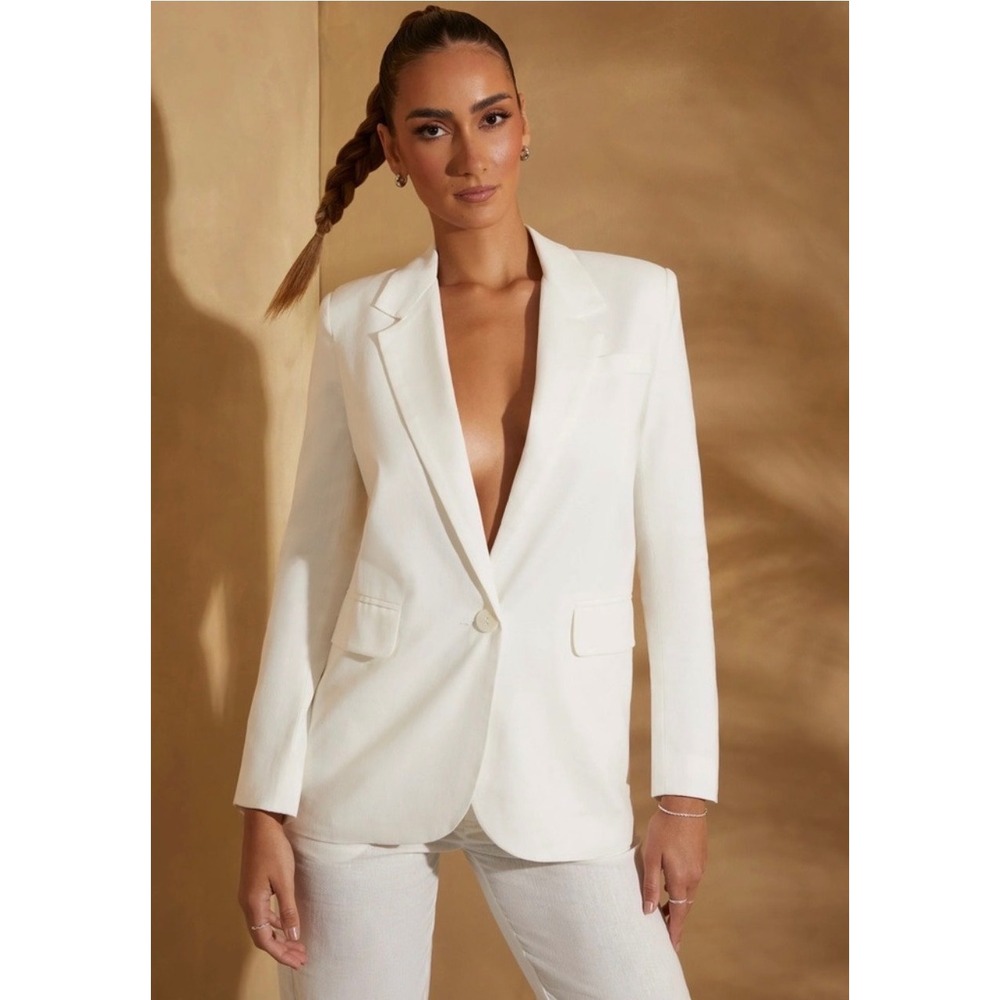 Oh Polly Blazer Single Button Linen Blend US 0 White Professional Chic NWT